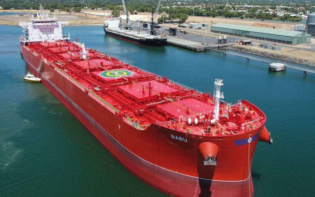 A red oil tanker with a helipad using greenoil offline oil filtration